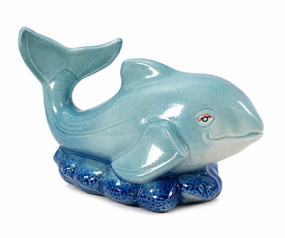 Vintage Ceramic Dolphin Figurine Blue Ocean Wave Coastal Nautical Decor 8”